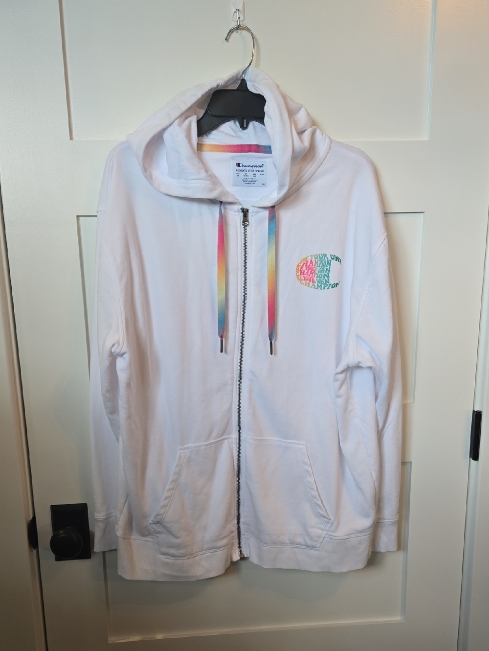 Champion Womens 2X White Full Zip Hoodie Rainbow Trim "Be Your Own Champion"